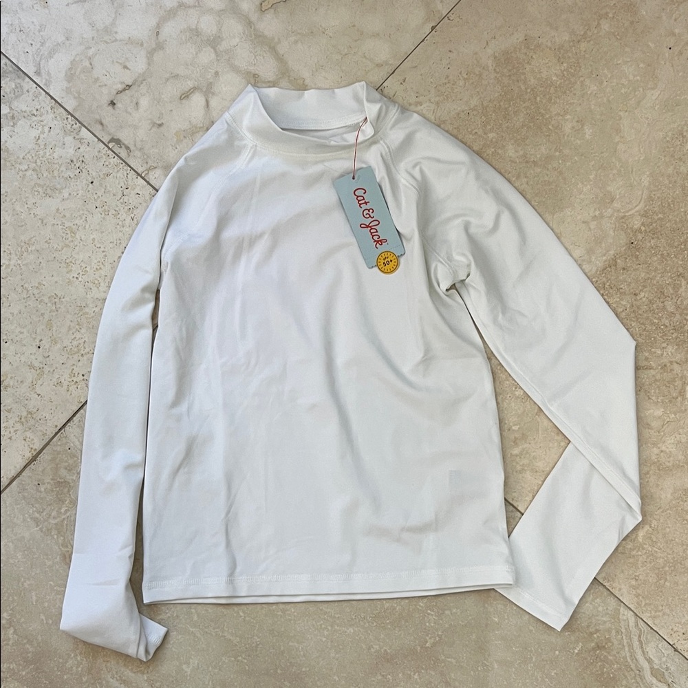 White Long Sleeve Kids Swim Shirt Rash guard NWT Size M (8/10) UPF 50+